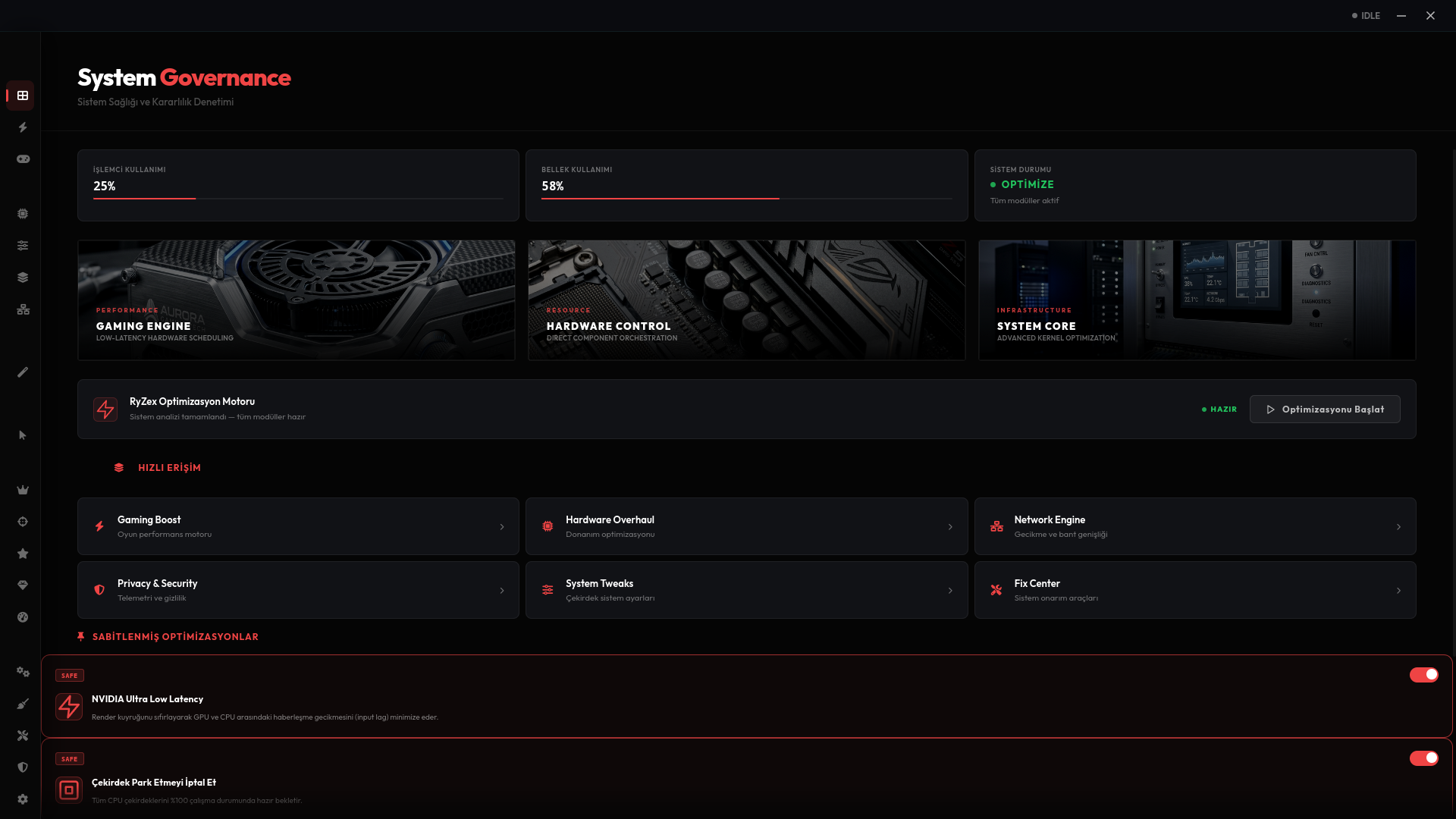 RyZex Ultra Optimizer — System Governance ana paneli