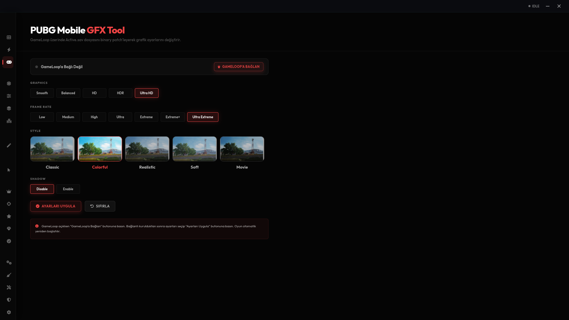 RyZex Ultra Optimizer — PUBG Mobile GFX Tool ekranı